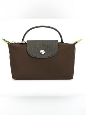 Longchamp Le Pliage XS Brown Leather & Nylon Crossbody Top Handle Rare Lime Trim